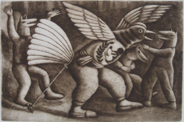 Luis Solari mezzotint: Luis Solari ''Mockery'' (AAA/Czestochowski 1982.022)- mezzotint and electropoint, 1982, signed, titled and numbered in pencil, edition of 250, very good condition. 7 7/8 x 11 7/8''