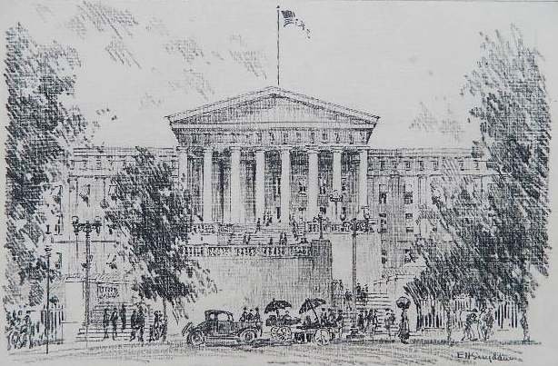 Edward Howard Suydam lithograph: Edward Howard Suydam- A Capitol Building- lithograph, some markings and lines in pencil, small creases upper right corner. 9 1/4 x 14''