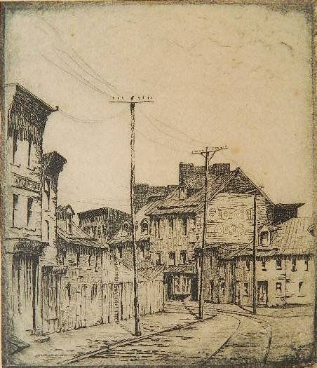 Don Swann etching: Don Swann- ''Old Houses at Fell's Point''- etching, signed in pencil, inscribed and signed in pencil by Evelyn Swann 'To Miss Hamilton from / Evelyn Swann / with Xmas wishes', also numbered 37/300 in