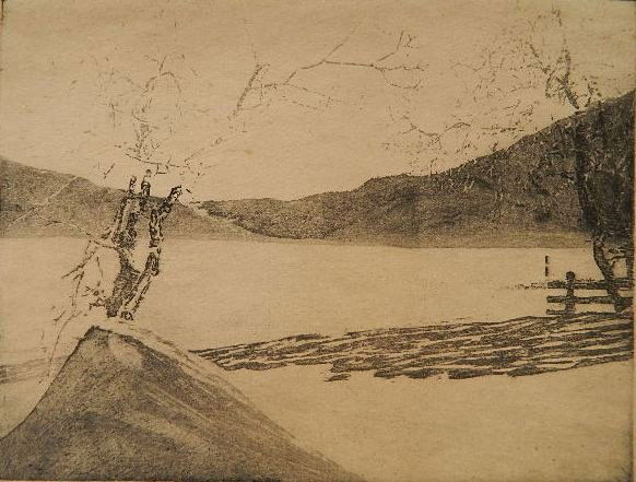 Don Swann etching: Don Swann- ''Bavarian Highlands''- etching, signed in pencil, inscribed and signed in pencil by Evelyn Swann 'To Miss Landsberg - with good wishes, Evelyn Swann', also numbered 12/50 in pencil, light