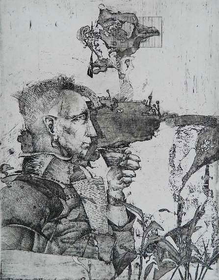 J. B. Thompson aquatint and collage: J. B. Thompson- ''Dash II''- aquatint and collage with copper relief on paper, signed, titled and numbered 28/100 in pencil; together with 20th c. American School- Man with Cup- etching and aquatint,