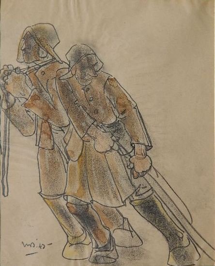 Willem Van den Berg pastel and charcoal: Willem Van den Berg- Pulling In The Fish- pastel and charcoal on paper, 1942, initialed WD '42 lower right. 10 x 8''