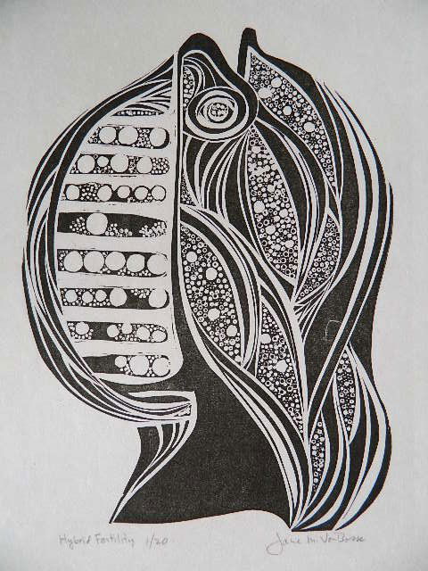 Jane Martin Von Bosse linoleum cut: Jane Martin Von Bosse- ''Hybrid Fertility''- linoleum cut, c. 1964, signed, titled and numbered in pencil. Edition of 20, #1. A fine impression printed on Japanese mulberry paper. 11 3/4 x 8 5/8''