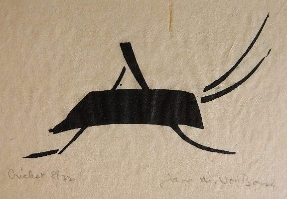 Jane Martin Von Bosse linoleum cut: Jane Martin Von Bosse- ''Cricket''- linoleum cut, c. 1964, signed, titled and numbered in pencil. Edition 32, #8. A fine impression printed on Japanese mulberry paper. The vertical line above the cric
