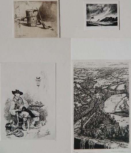 Vignon; Wannger; Wilm; Woims - 4 etchings: 4 Etchings- 1.) Victor Vignon- Wooden Bucket with Broom; 2.) Komgath Wannger- Windswept Plains; 3.) H. Wilm- Panoramic View of Countryside; 4.) Jules Woims- A Gypsy of Granada. 2 signed in pencil, var