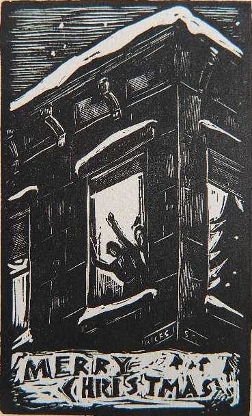 H. D. Welsh; F. Waner - 2 woodcuts: 2 Woodcuts- 1.) H. Druitt Welsh- ''Joseph Pennell''- signed and titled in pencil, scotch taped to top mat at 4 corners verso; 2.) Ferdinand Waner- ''Merry Christmas''. 4 7/8 x 4''; 4 1/2 x 2 3/4''
