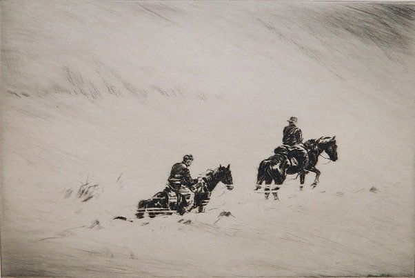 Levon West etching and drypoint: Levon West- Two Men on Horseback in A Storm- etching and drypoint, signed and inscribed 85 in pencil, slightly light struck, minor staining in margin. 9 1/4 x 13 7/8''
