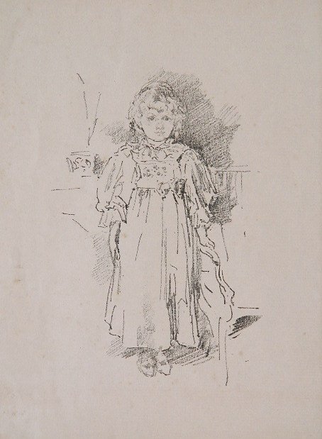 James A. M. Whistler lithograph: James A. M. Whistler- ''Little Evelyn'' (Levy 159)- transfer lithograph, 1896, monogrammed with butterfly in the stone, printed on laid paper by Thomas Way for The Art Journal, age and mat toned, few 