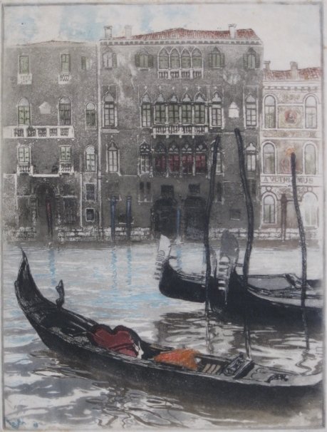Franz Wolf etching: Franz Wolf- Venice- etching in colors, signed in pencil, water stain lower left, foxing and staining throughout. 11 x 8 1/4''