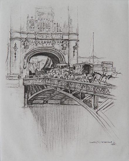 Dorothy E. G. Woolard soft ground etching: Dorothy E. G. Woolard- Tower Bridge- soft ground etching, c. 1935, signed in pencil. Variant of an image published by the Print Society, London, 1923. Printed on cream wove paper. Slight foxing in the