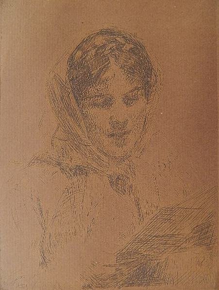 Anders Zorn etching: Anders Zorn- ''The Letter'' (Asplund 254)- etching, 1913, signed in pencil, severely light struck, top mat glued to sheet. 6 1/4 x 4 5/8''