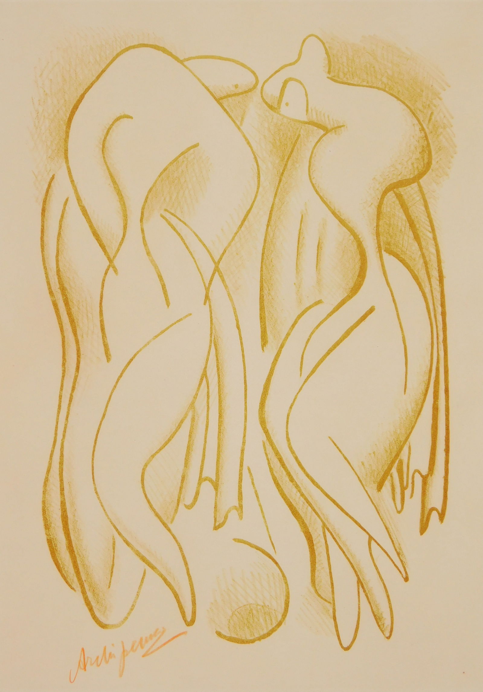 Alexander Archipenko (American, 1887-1964) lithograph: Bathers lithograph in color, 1950, signed in red lower left, this work was published by Associated American Artist's in an intended edition of 250 (less than 100 actually printed). 14 x 10 1/2'