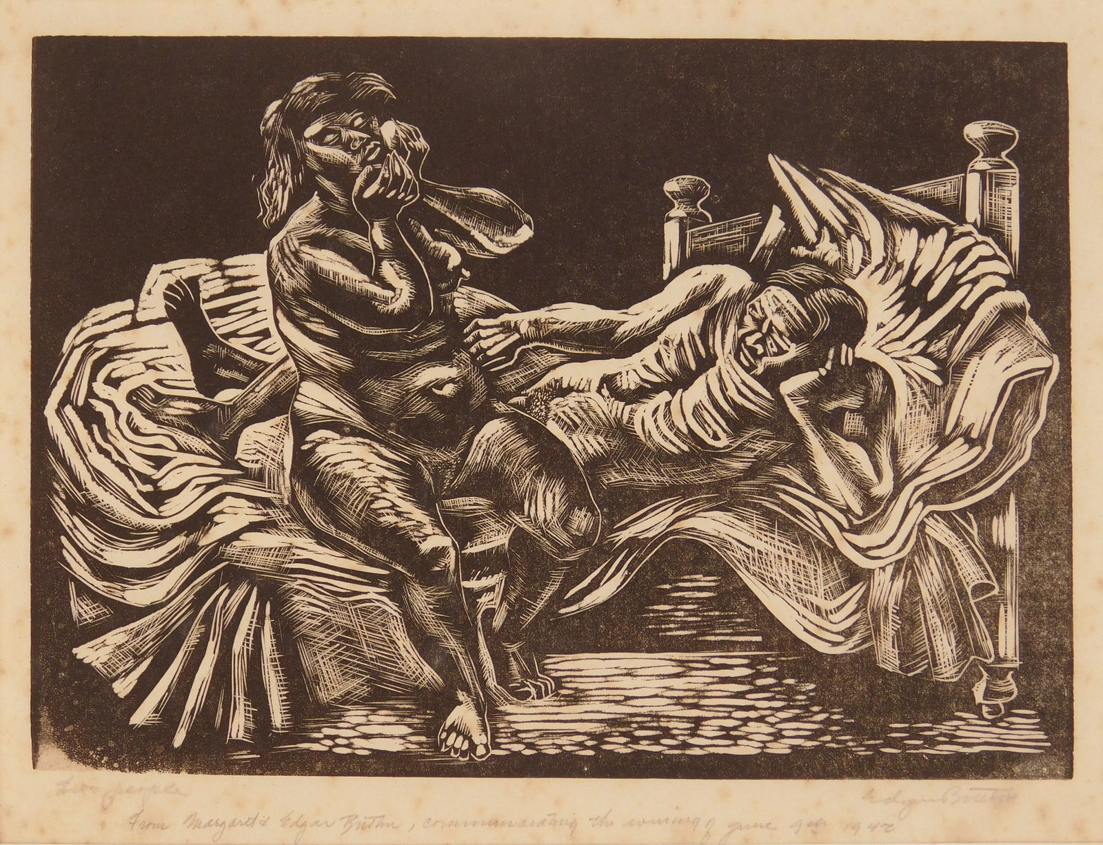 Edgar Britton (American, 1901-1982) woodcut: Two People woodcut, signed, titled and inscribed in pencil. 5 x 7" Provenance: Private collection- Washington, DC Collection of Peter Pollack- Chicago, IL