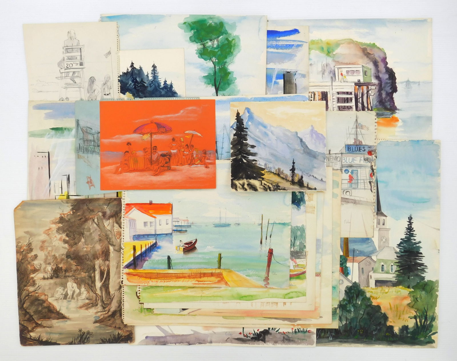 Albert Pels (American 1910-1998) drawings: 20 + Exterior Scenes Drawings on paper, mostly watercolor, almost all signed, various sizes Provenance: Private collection- New York, NY; By descent estate of the artist.