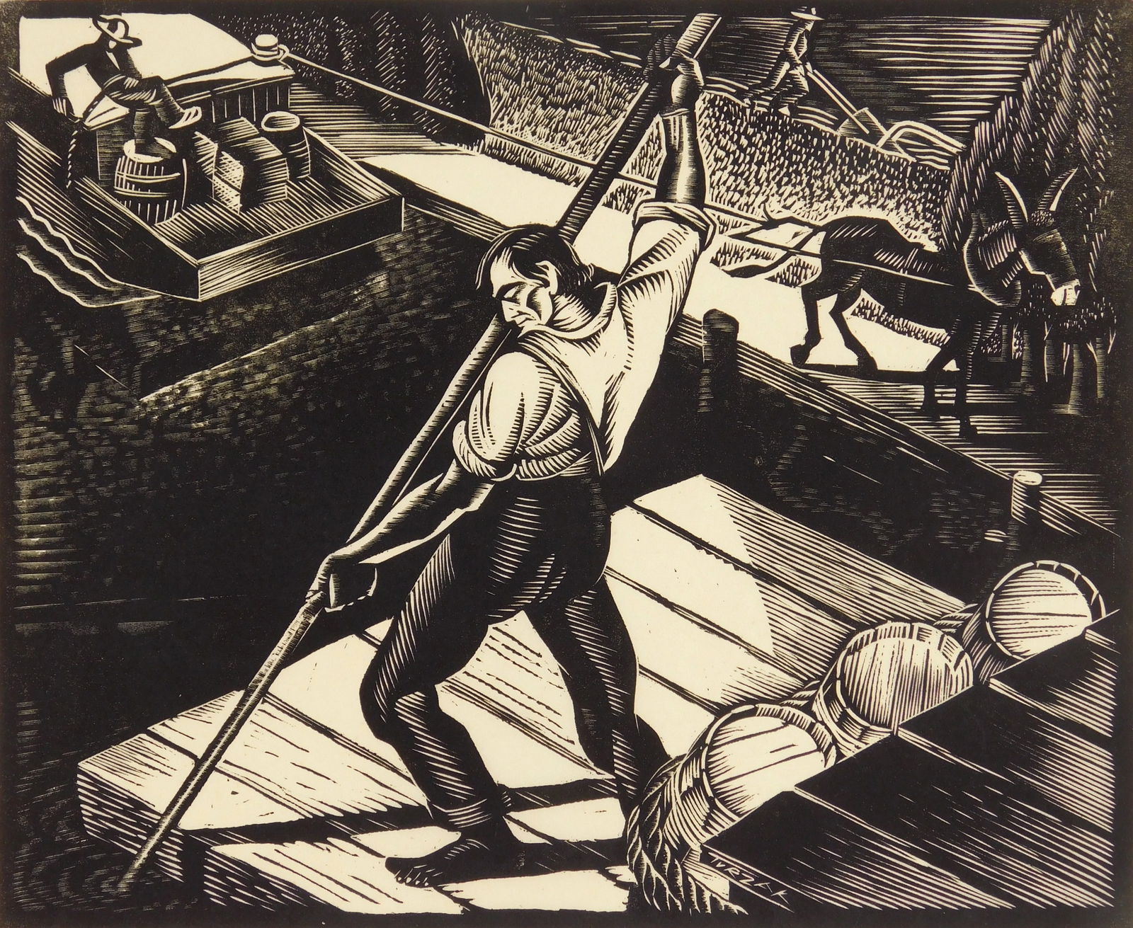 Charles Turzak (American, 1899-1986) woodcut: River and Canal Boats woodcut, signed and titled in pencil. 9 x 10 7/8" Provenance: Private collection- Denver, CO