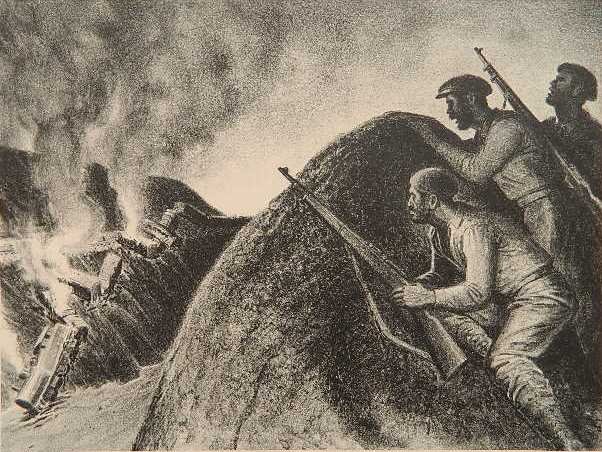 James E. Allen lithograph: James E. Allen (American 1894-1964)- ''Sabotage'' (Ryan 37)- lithograph, ca. 1937, slightly light struck. 10 5/8 x 14 1/8''