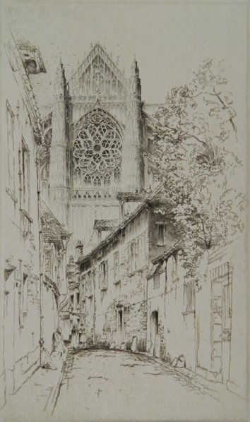 John Taylor Arms etching: John Taylor Arms (American 1887-1953)- ''The Rose, Beauvais'' (Fletcher 16i)- etching, 1925, signed and dated in pencil, edition of 156, French Church Series No. 3, Illustrated: Dorothy Noyes Arms - C