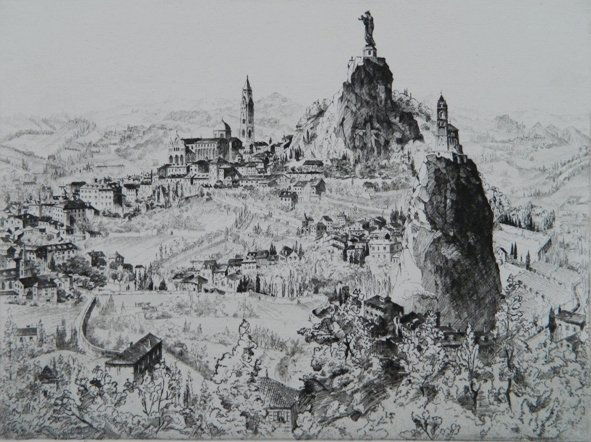 John Taylor Arms etching: John Taylor Arms (American 1887-1953)- ''Le Puy'' (Fletcher 214 ii)- etching, 1928, signed, dated and annotated 'cx' in pencil. Edition of 100 and 4 trial proofs. French Church Series no. 23. Illustra