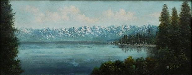 Eliza Barchus oil: Eliza Barchus (American 1857-1959)- ''Lake Tahoe''- oil on canvas, signed Barchus lower right, some buckling to the canvas. 10 x 24''