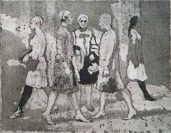 Isabel Bishop etching: Isabel Bishop (American 1902-1988)- ''Five Women Walking'' (Teller 64)- etching, 1967, trial proof, there was an incomplete edition of 30 plus 10 artist's proofs published in 1981. 7 1/2 x 9 7/8''