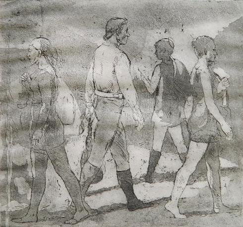 Isabel Bishop etching and aquatint: Isabel Bishop (American 1902-1988)- ''Young People Outdoors'' (Teller 69A)- etching and aquatint, 1972, artist proof before the edition of 35 which was published in 1985, masking tape residue around o