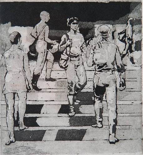 Isabel Bishop etching and aquatint: Isabel Bishop (American 1902-1988)- ''Students On The Steps'' (Teller 78)- etching and aquatint, 1981, trial proof printed by Stephen Sholinsky, there was an edition of 75 published in 1984, note: tou