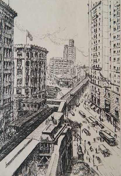 George Briard etching: George Briard (American 20th c.)- ''New York Broadway''- etching, signed and titled in pencil. 8 7/8 x 6''