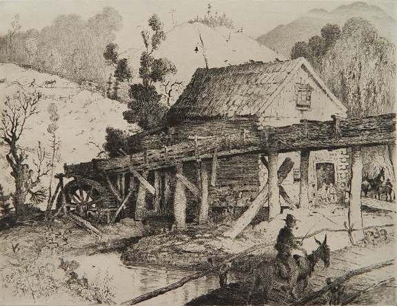 Harrison Cady etching: Harrison Cady (American 1877-1970)- ''Tinker's Bell Mill''- etching, ca. 1932, signed in pencil. 9 3/8 x 12''