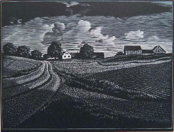 Asa Cheffetz wood engraving: Asa Cheffetz (American 1897-1965)- ''Midsummer Vermont'' (Springfield 53)- wood engraving, 1936, signed and titled in pencil, published by The Woodcut Society, number 37 of 200, with original presenta