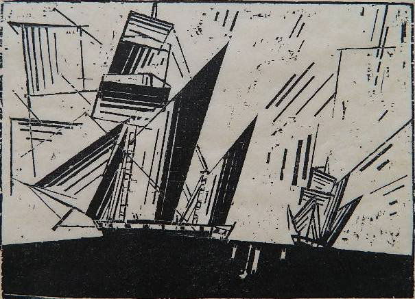 Lyonel Feininger woodcut: Lyonel Feininger (American 1871-1956)- ''Topsail Ketches 1'' (Prasse W271)- woodcut, posthumously printed by AAA in an edition of 100, very good condition. 6 3/4 x 9 1/4''