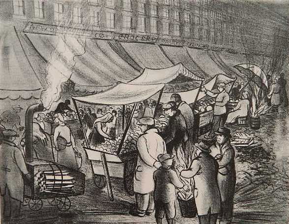 Harry Gottlieb lithograph: Harry Gottlieb (American 1895-1992)- ''Food Market Old Style''- lithograph, 1936-42, signed and titled in pencil, done for New York City WPA in an edition of about 50. 10 5/8 x 13 3/8''