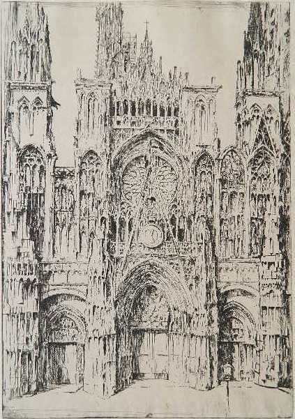 Earl Horter etching: Earl Horter (American 1881-1940)- ''Rouen Cathedral''- etching, signed in pencil. 11 3/8 x 7 7/8''