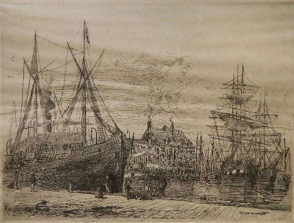 Frederick Leo Hunter etching: Frederick Leo Hunter (American 1858-1943)- ''Old Slip New York''- etching, 1878, signed in pencil. 8 7/8 x 11 3/4''