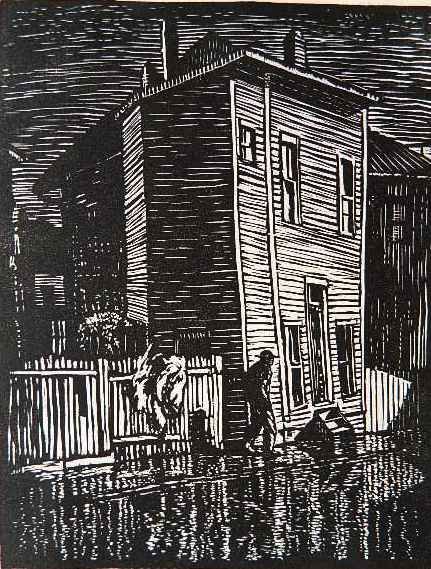 Norman Kent woodcut: Norman Kent (American 1903-1972)- ''Queer House''- woodcut, 1951, signed in pencil, published by The Woodcut Society in original presentation folder, very good condition. 8 x 6''