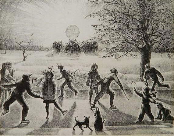 Kyra Markham lithograph: Kyra Markham (American 1891-1967)- ''Skaters on Hope's Pond''- lithograph, ca. 1940, signed in pencil, minor soiling and staining in margin and verso, tape remnants verso. 10 1/4 x 13''