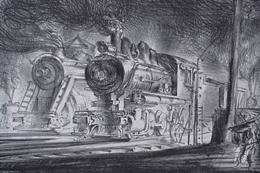 Reginald Marsh lithograph: Reginald Marsh (American 1898-1954)- ''Switch Engines, Erie Yards, Jersey City'' (Sasowsky 30)- lithograph, 1948, signed in pencil, edition of 253 plus 10, Print Club of Cleveland publication no. 25,