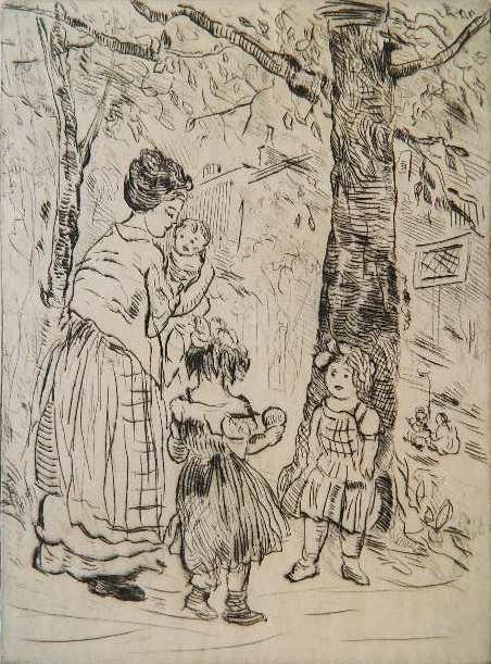 Jerome Myers drypoint: Jerome Myers (American 1867-1940)- Springtime- drypoint, 1919, signed in pencil, edition of 115. 7 15/16 x 5 13/16''