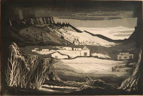 Doel Reed aquatint: Doel Reed (American 1895-1985)- ''La Placita'' (Cohen / Rogers 122)- aquatint, 1971, signed and numbered 26/30 in pencil. 11 3/4 x 17 1/2''