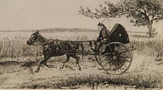 William Henry Shelton etching: William Henry Shelton (American 1840-1912)- ''One-Hoss Shay''- etching, 1884, signed in pencil, some foxing. 7 x 12 3/4''