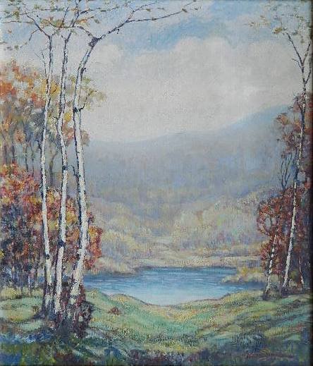 Archie Sinclair oil: Archie Sinclair (American 1895- )- Landscape with Birch Trees- oil on canvas, signed Archie Sinclair lower right. 28 x 24''