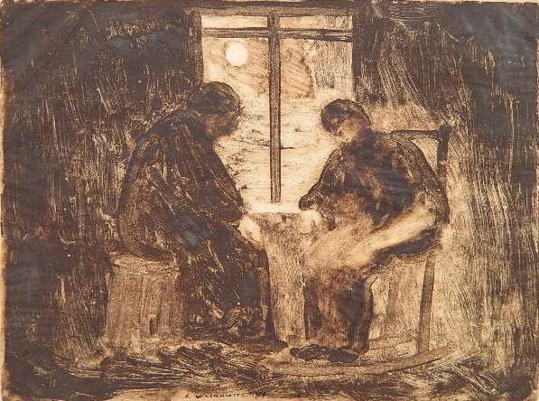 Abraham Walkowitz monotype: Abraham Walkowitz (American 1880-1965)- Two Figures Before A Window- monotype, 1904, signed and dated in image and in margin in pen and ink, paper loss on corners of sheet. 9 x 12''