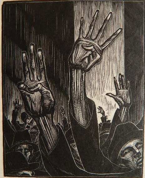 Lynd Ward wood engraving: Lynd Ward (American 1905-1985)- ''Rally''- wood engraving, 1928, signed in pencil, Plate 13 'God's Man'. 5 x 4''