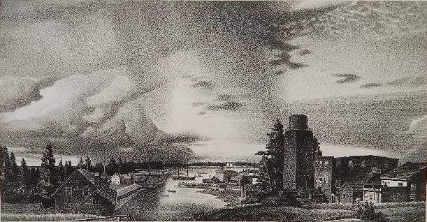 Stow Wengenroth lithograph: Stow Wengenroth (American 1906-1978)- ''Maine Town'' (Stuckey 131)- lithograph, 1944, signed and annotated 'Ed/30' in pencil. 8 1/4 x 15 3/4''