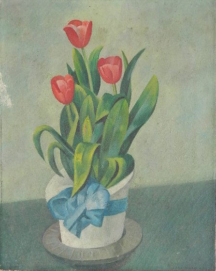 Paul Winchell oil: Paul Winchell (American 1903-1972)- Still-Life of Tulips- oil on canvas, canvas scraped along left side. 20 x 16''