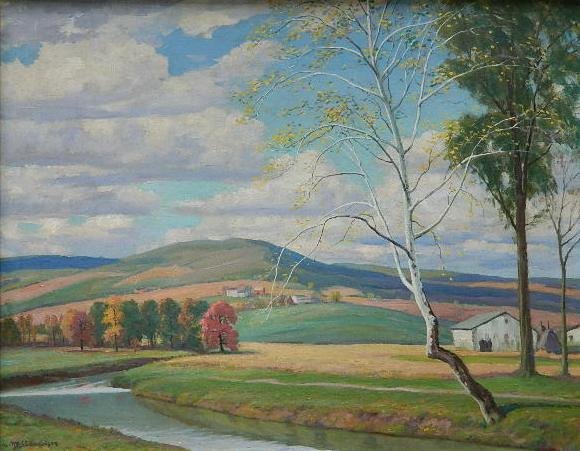 William J. Edmondson oil: William J. Edmondson (American 1868-1966)- ''Virginia Meadows''- oil on masonite, 1947, signed Wm. J. Edmondson lower left, very good condition. 22 x 28'' Exhibited: The 29th May Show, Cleveland Museu