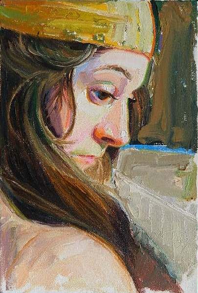Richard Hickam oil: Richard Hickam (American 1944- )- Woman's Profile- oil on canvas, 1976, initialed R H '76 lower right, very good condition. 13 3/4 x 9 1/4''