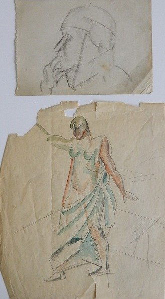 William Sommer graphite and watercolor: William Sommer (American 1867-1949)- Standing Figure - Sketch- graphite and watercolor on paper; together with a pencil sketch of a head, paper as is. 9 1/2 x 7 1/2''