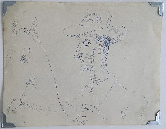 William Sommer pen and ink: William Sommer (American 1867-1949)- Man and Horse- pen and ink on paper, pencil sketches on verso. 6 3/4 x 8 7/8''