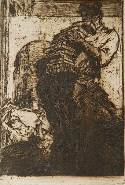 Frank Brangwyn etching: Frank Brangwyn (British 1867-1956)- Man Carrying A Load of Books (Gaunt 82 ii/II)- etching, 1906, 15 proofs of the first state before publication in the second state in the 'Gazette des Beaux Arts', f