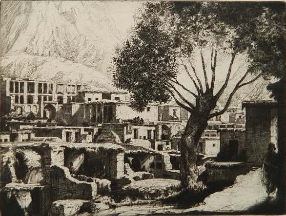 Charles W. Cain drypoint: Charles W. Cain (British 1893-1962)- ''Kerman Persia''- drypoint on laid paper, signed and numbered 51/60 in ink, mat toned, tape remnants at upper corners. 9 5/16 x 12 3/8''